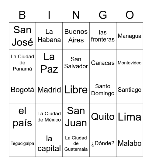 Las capitales de países hispanohablantes Bingo Card