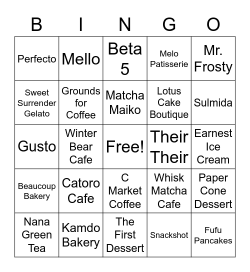 Desserts / Cafes Bingo Card
