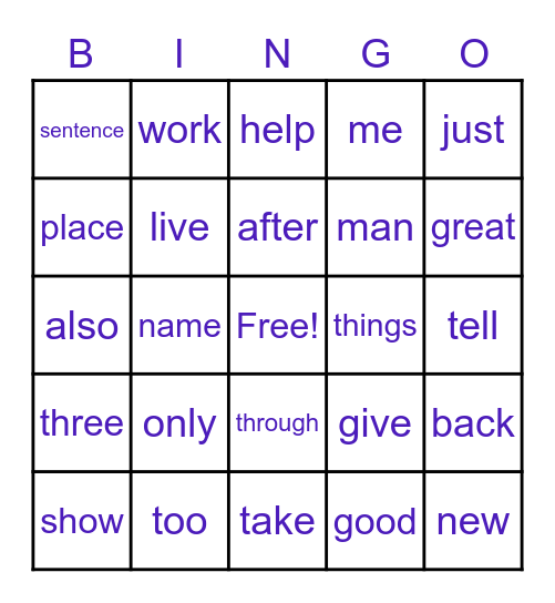 Fry Words 101-150 Bingo Card