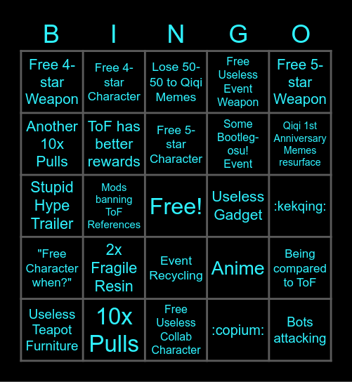 Genshin 2nd Anniversary Discord Chaos - Complains and Copium Edition Bingo Card