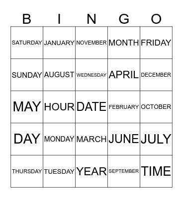 DAYS    MONTHS  TIME Bingo Card