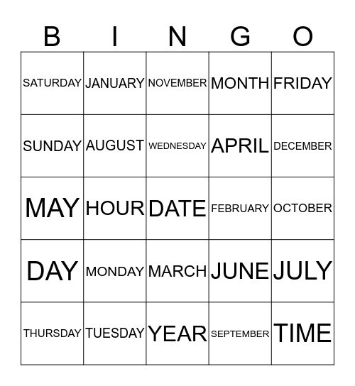 DAYS    MONTHS  TIME Bingo Card