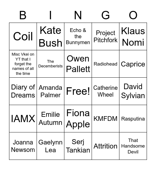 Music taste Bingo Card