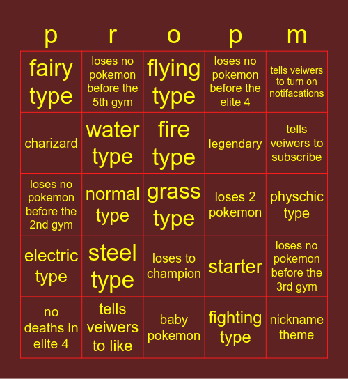 pro pokemon Bingo Card