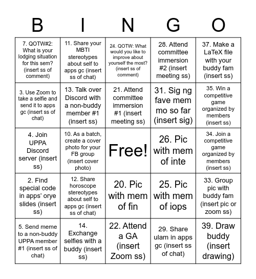 UPPA Bingo Tasks Bingo Card