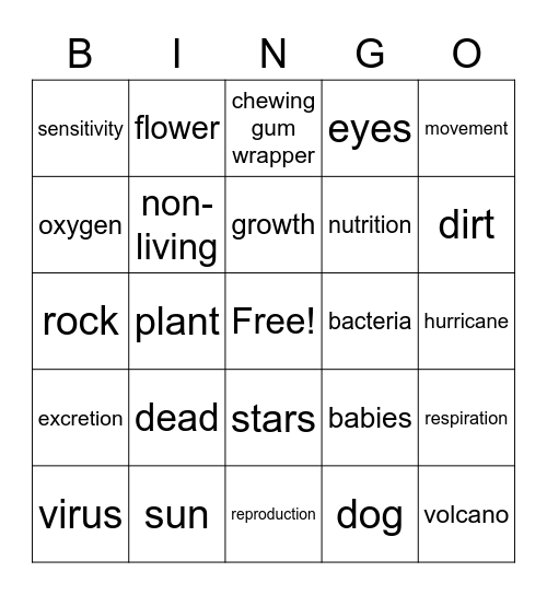 Characteristics of Living Things        RW Bingo Card