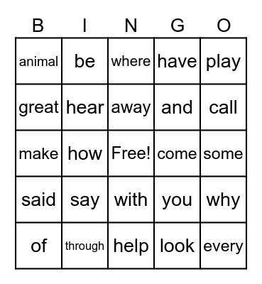 Sight Word Bingo Card