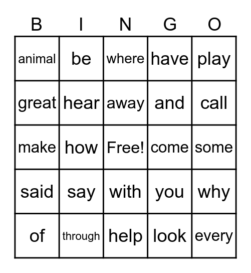 Sight Word Bingo Card