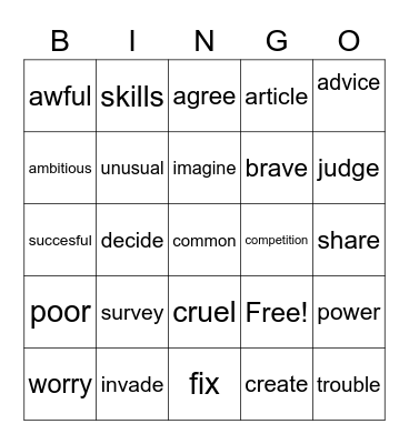 Mixed Vocabulary 1 Bingo Card