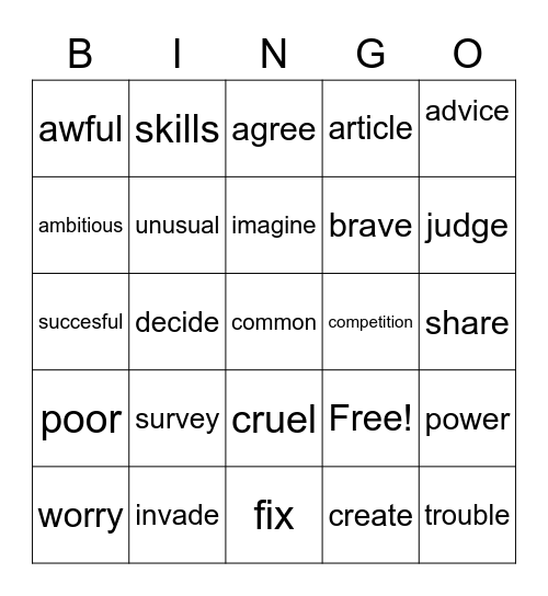 Mixed Vocabulary 1 Bingo Card