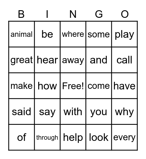 Sight Word Bingo Card