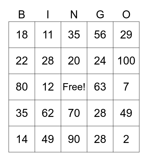 Bingokaart tafel van 7 Bingo Card