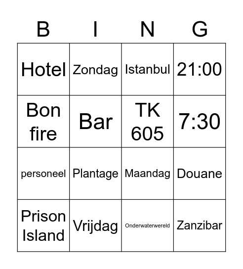Zanzibar Bingo Card