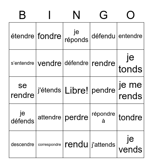 RE verbs Bingo Card