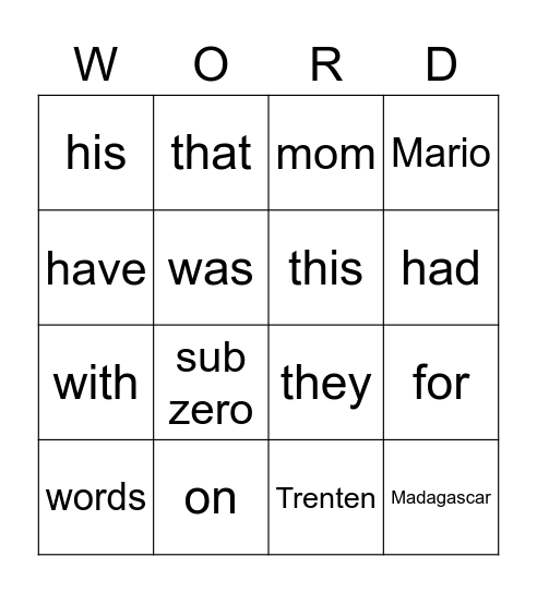 Trenten Bingo Card