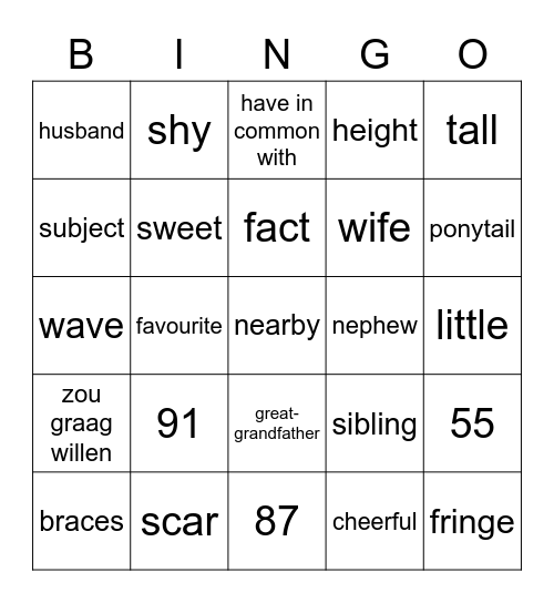 Vocabulary Bingo Card