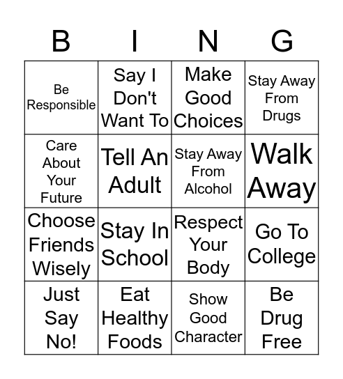 Drug Free Bingo Card