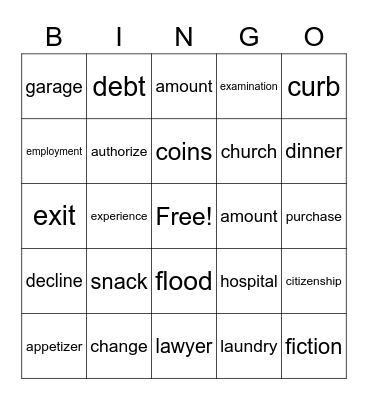 Vocabulary Bingo Card