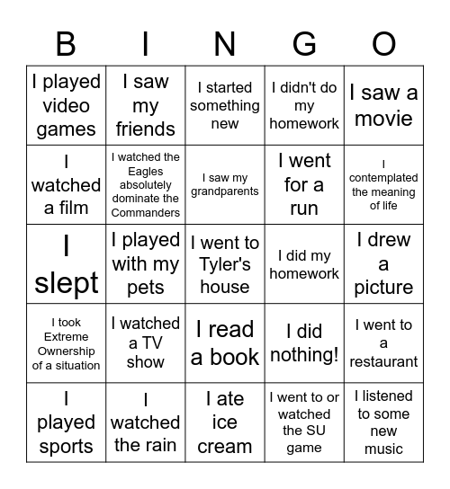 What did you do at the weekend? Bingo Card
