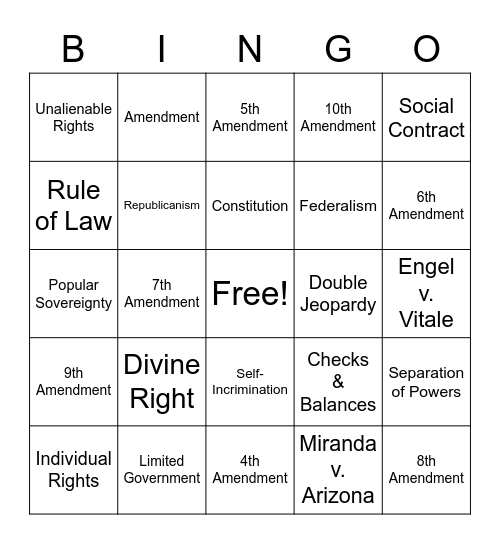 Government - Unit 1 & 2 Vocabulary w/ Amendments Bingo Card