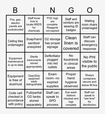 Environment of Care Bingo Card