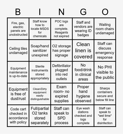 Environment of Care Bingo Card