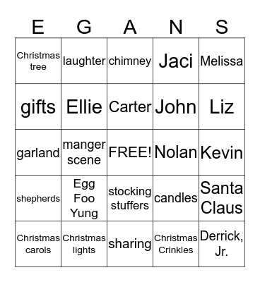 Egans Christmas Bingo Card