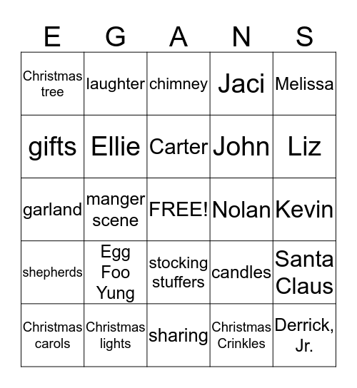 Egans Christmas Bingo Card