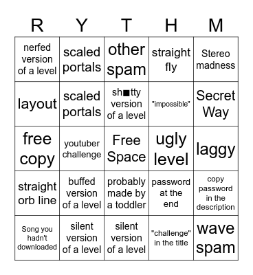 Geometry Dash Recent Tab Bingo Card