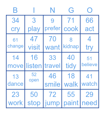 Past Simple Regular Verbs Bingo Card