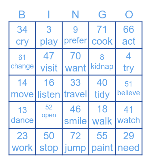 Past Simple Regular Verbs Bingo Card