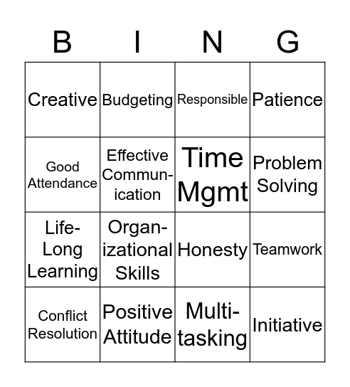 21st Century Employability Skills Bingo Card