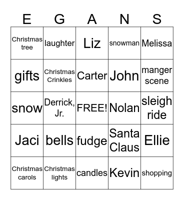 Egans Christmas Bingo Card