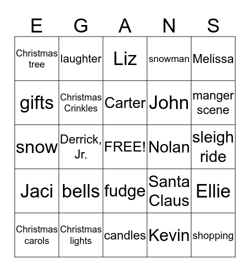 Egans Christmas Bingo Card