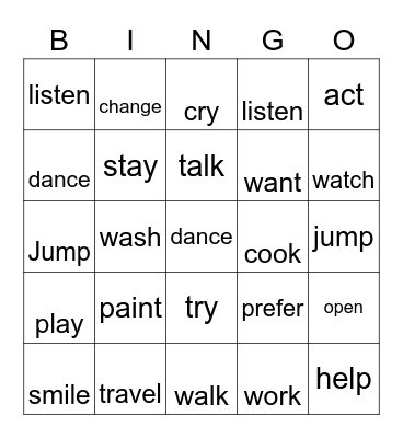 Past Simple Regular Verbs Bingo Card