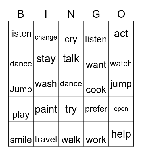 Past Simple Regular Verbs Bingo Card