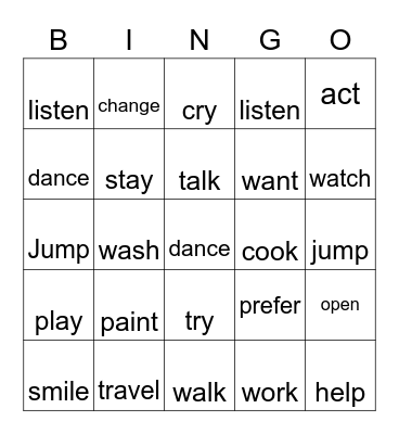 Past Simple Regular Verbs Bingo Card