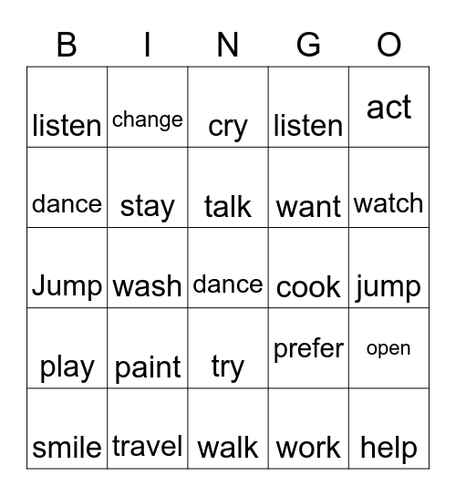 Past Simple Regular Verbs Bingo Card