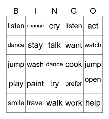 Past Simple Regular Verbs Bingo Card