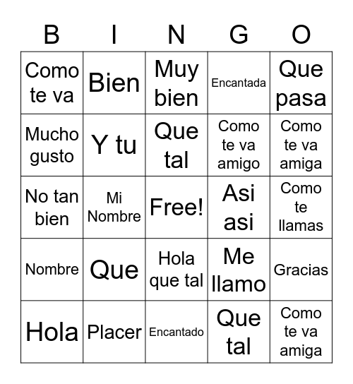 Spanish Greetings Bingo Card