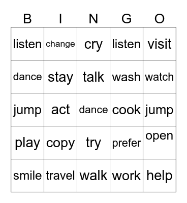 Past Simple Regular Verbs Bingo Card