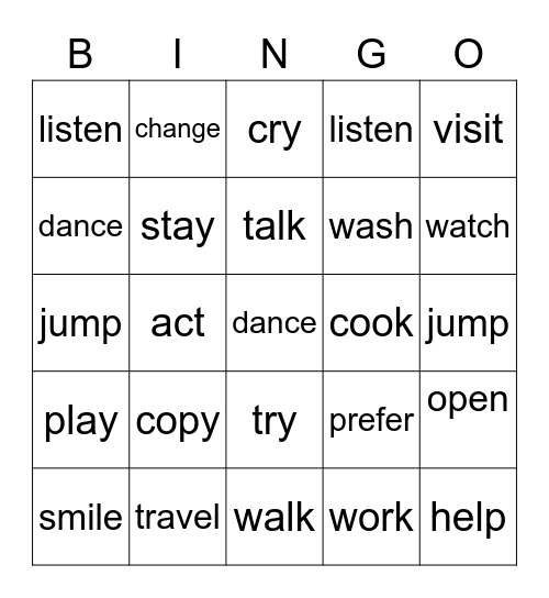 Past Simple Regular Verbs Bingo Card