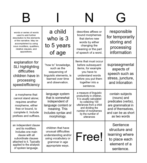 Chapter 8 BINGO! Bingo Card