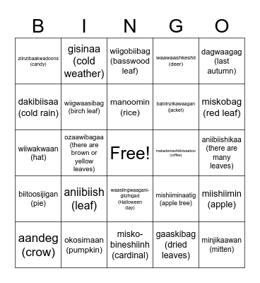 Dagwaagin (Fall) Bingo Card