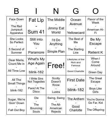 Pop Punk Powerhouses Bingo Card