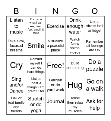Coping Skills BINGO Card