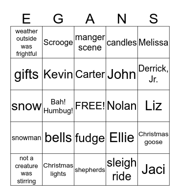 Egans Christmas Bingo Card