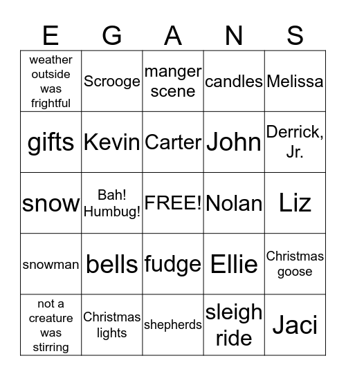 Egans Christmas Bingo Card