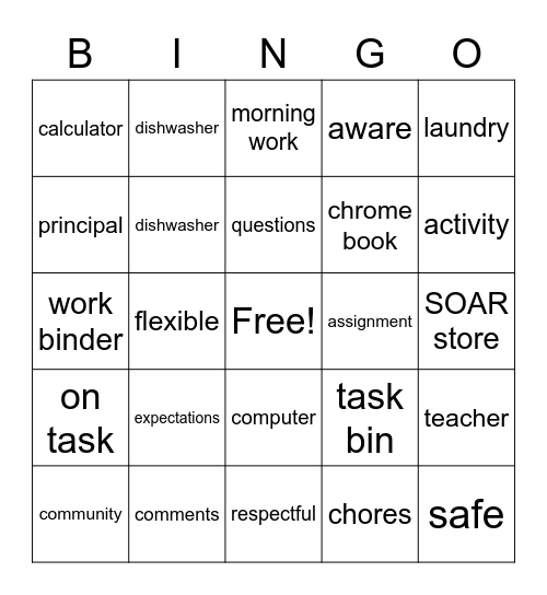 School Words Bingo Card