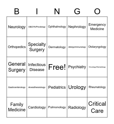 Medical Specialty Bingo Card